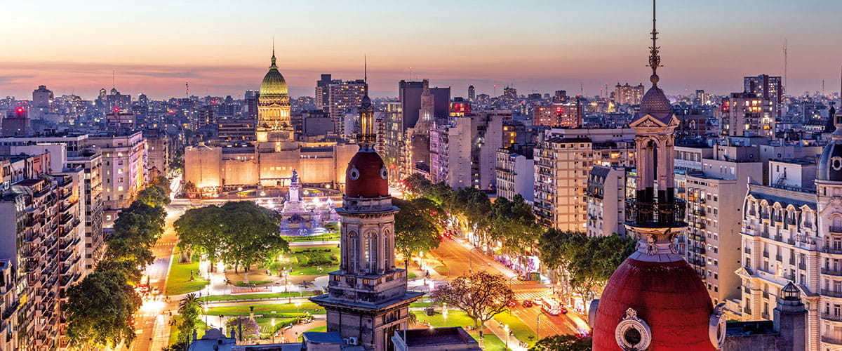 An aerial view over the Buenos Aires skyline at sunset, Argentina
